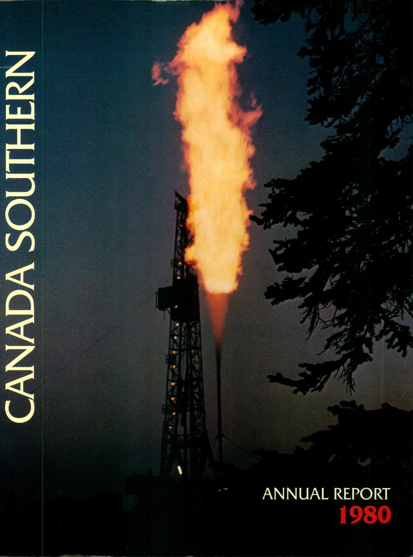 A gas flare burning at night beside a derrick silhouette and a spruce tree.