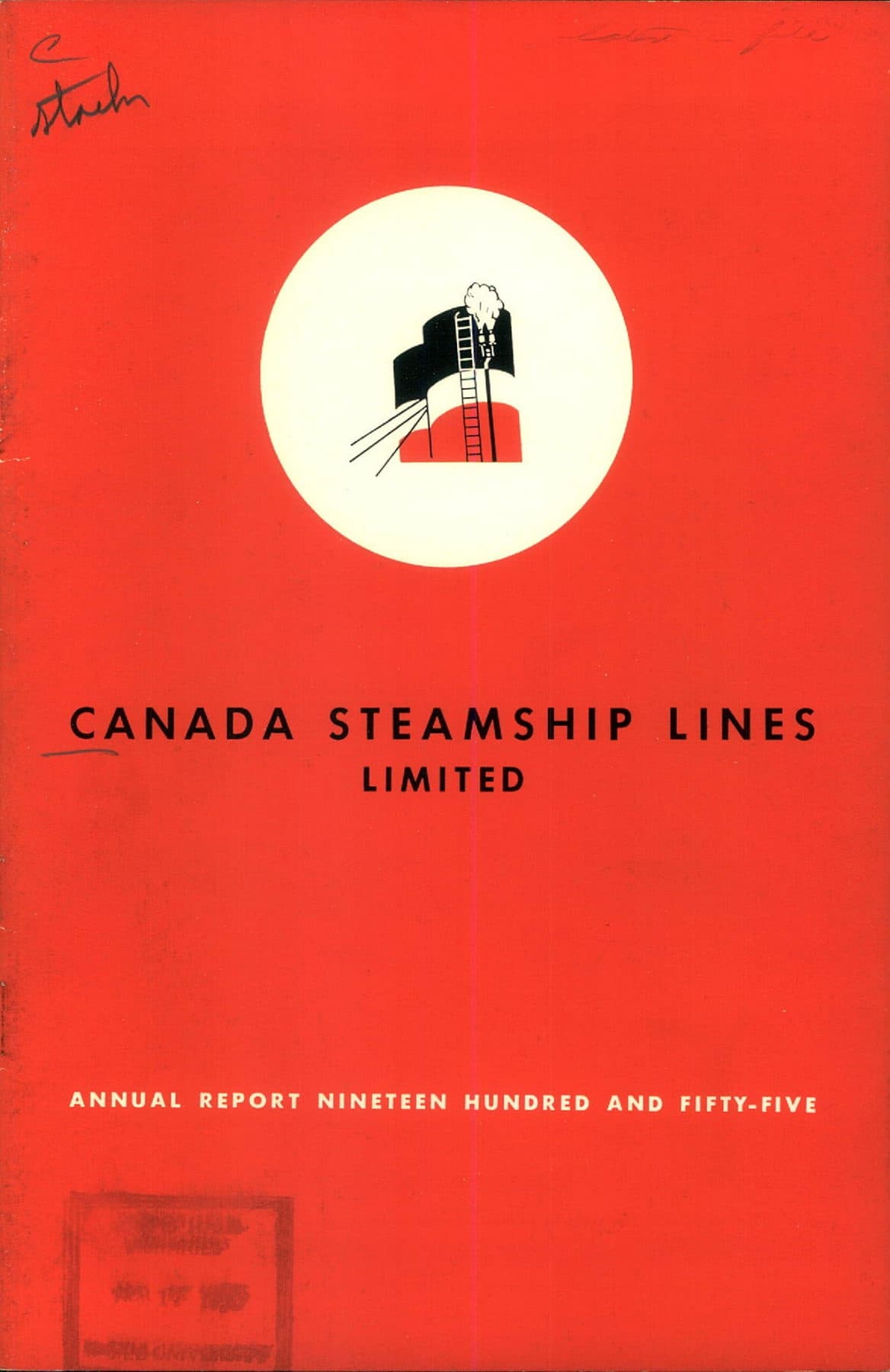 A black-and-red ship's funnel with a ladder and a puff of smoke, drawn in a white circle on red.