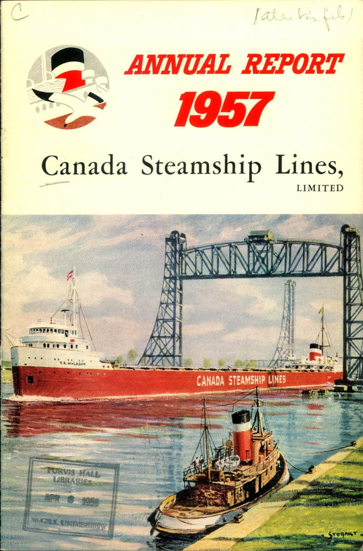 The red laker T.R. McLagan lettered CANADA STEAMSHIP LINES, passing under a raised lift bridge.