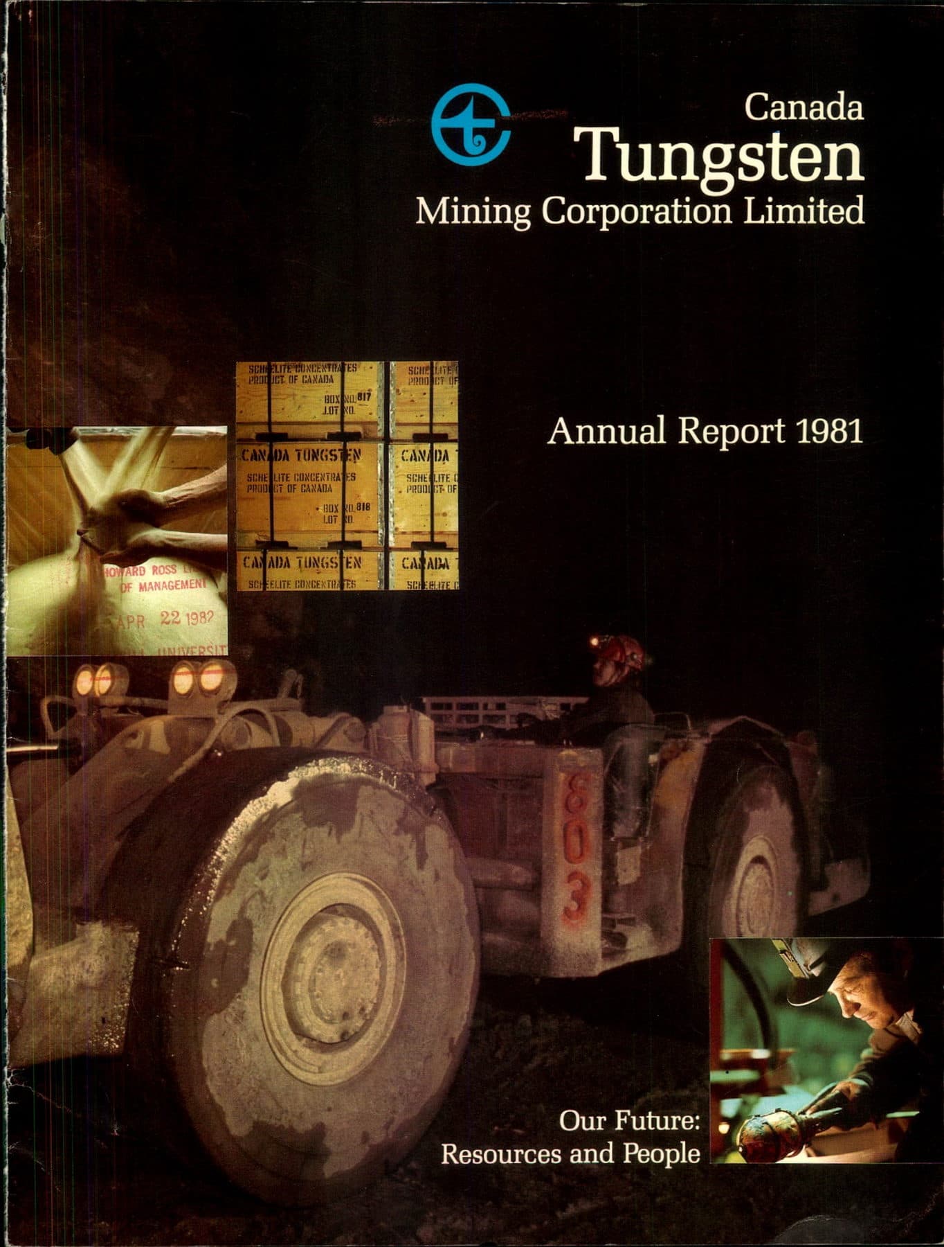 A yellow underground loader in a dark heading, with insets of scheelite-concentrate crates and a miner at a machine.