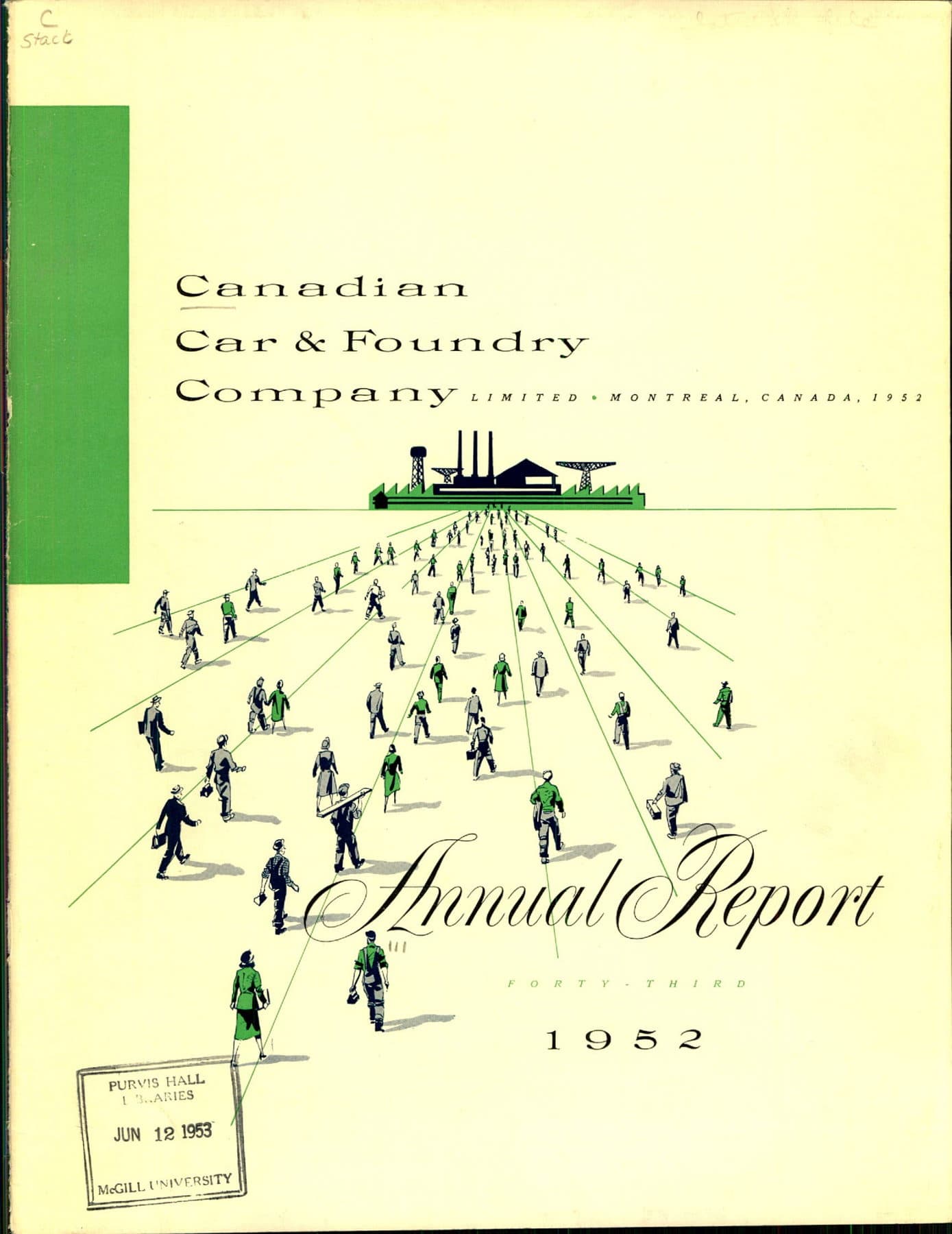 Printed art: a crowd of workers walking toward a green factory silhouette with smokestacks.