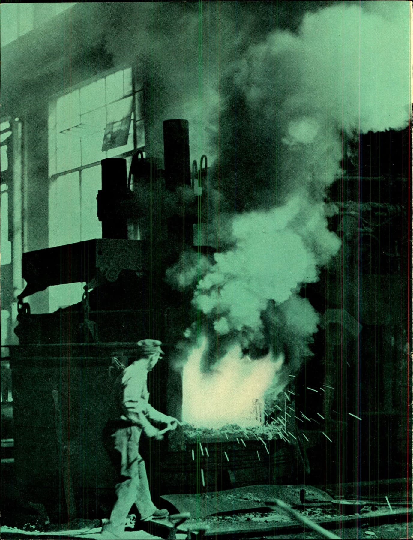 A foundryman in cap and shirtsleeves tends a furnace mouth; sparks and a white smoke plume fill the shop.