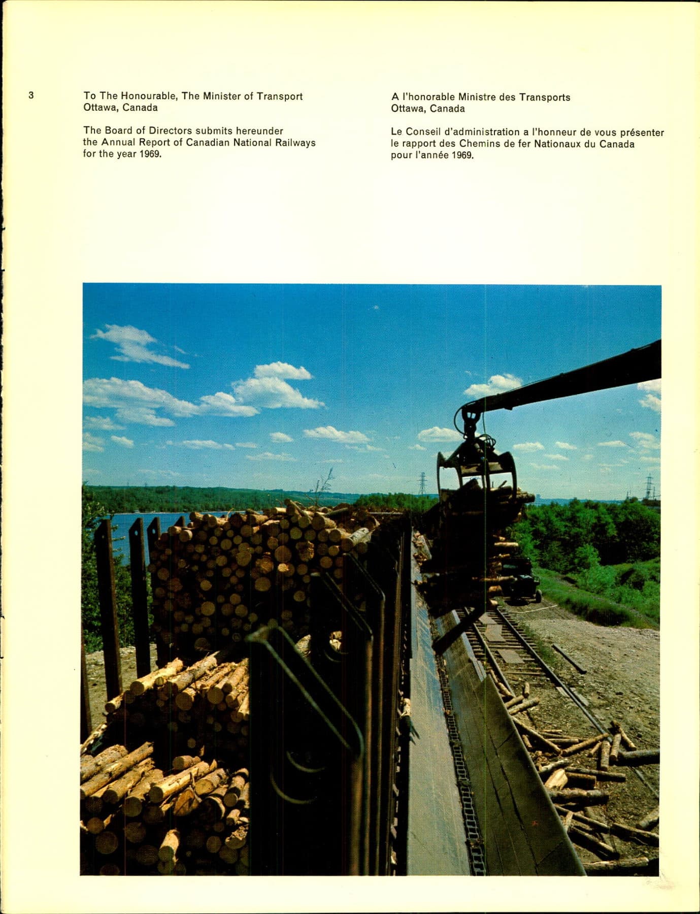 A mechanical grapple loads unbarked logs into open CN freight cars beside a waterway.