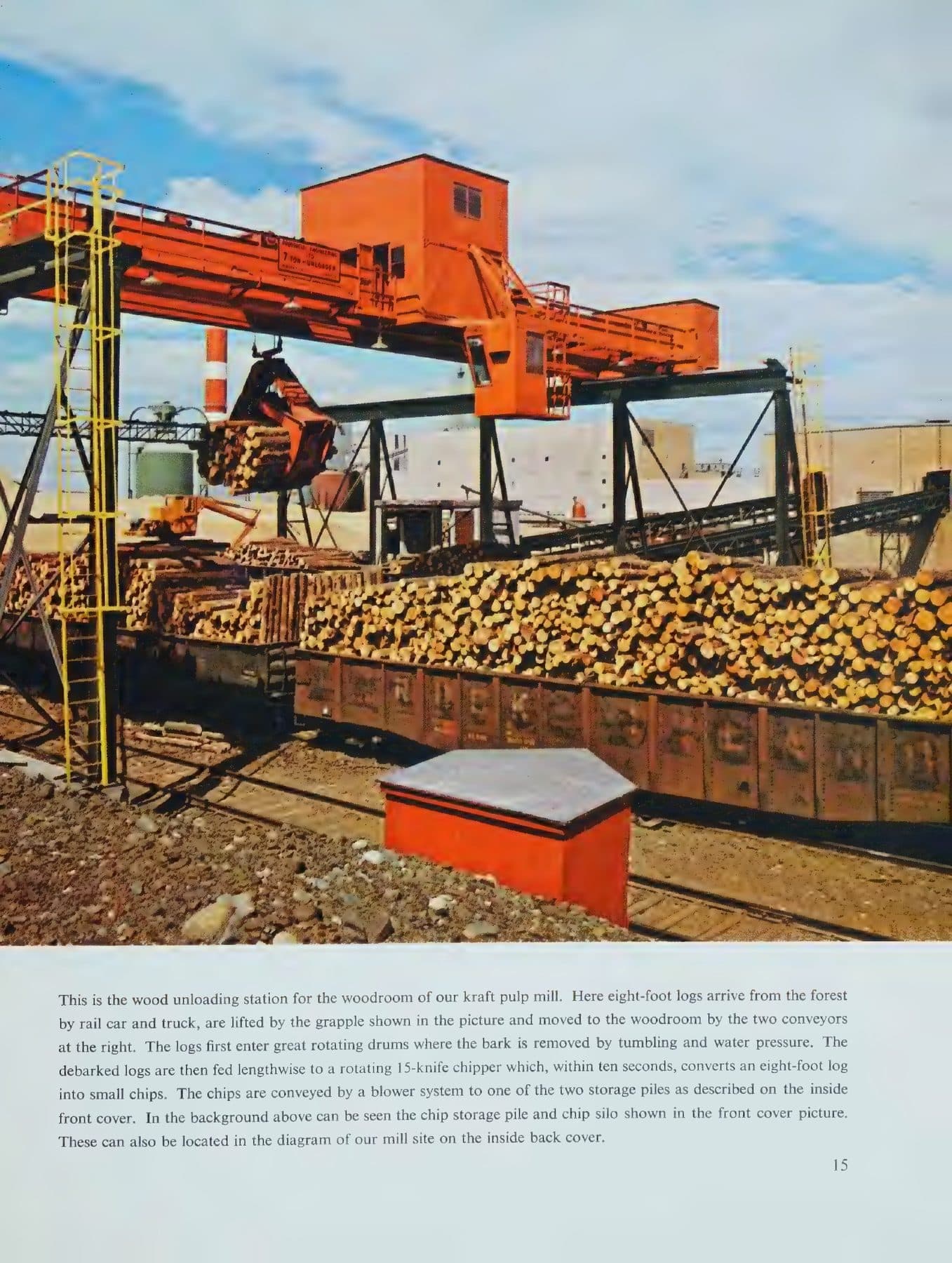 Log gantry and booming ground at the mill waterfront.