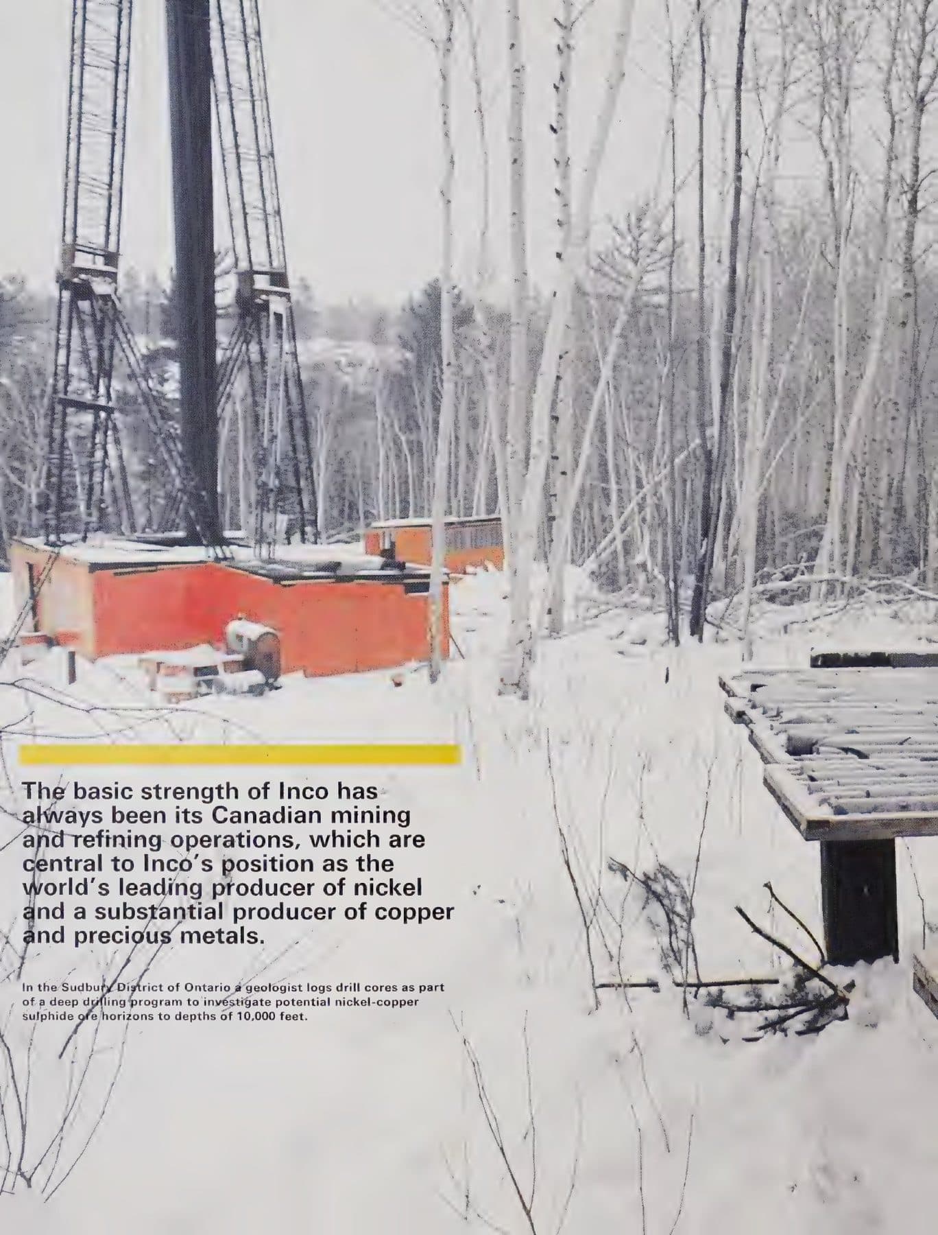 Diamond-drill rig and orange shack in the Sudbury snow.