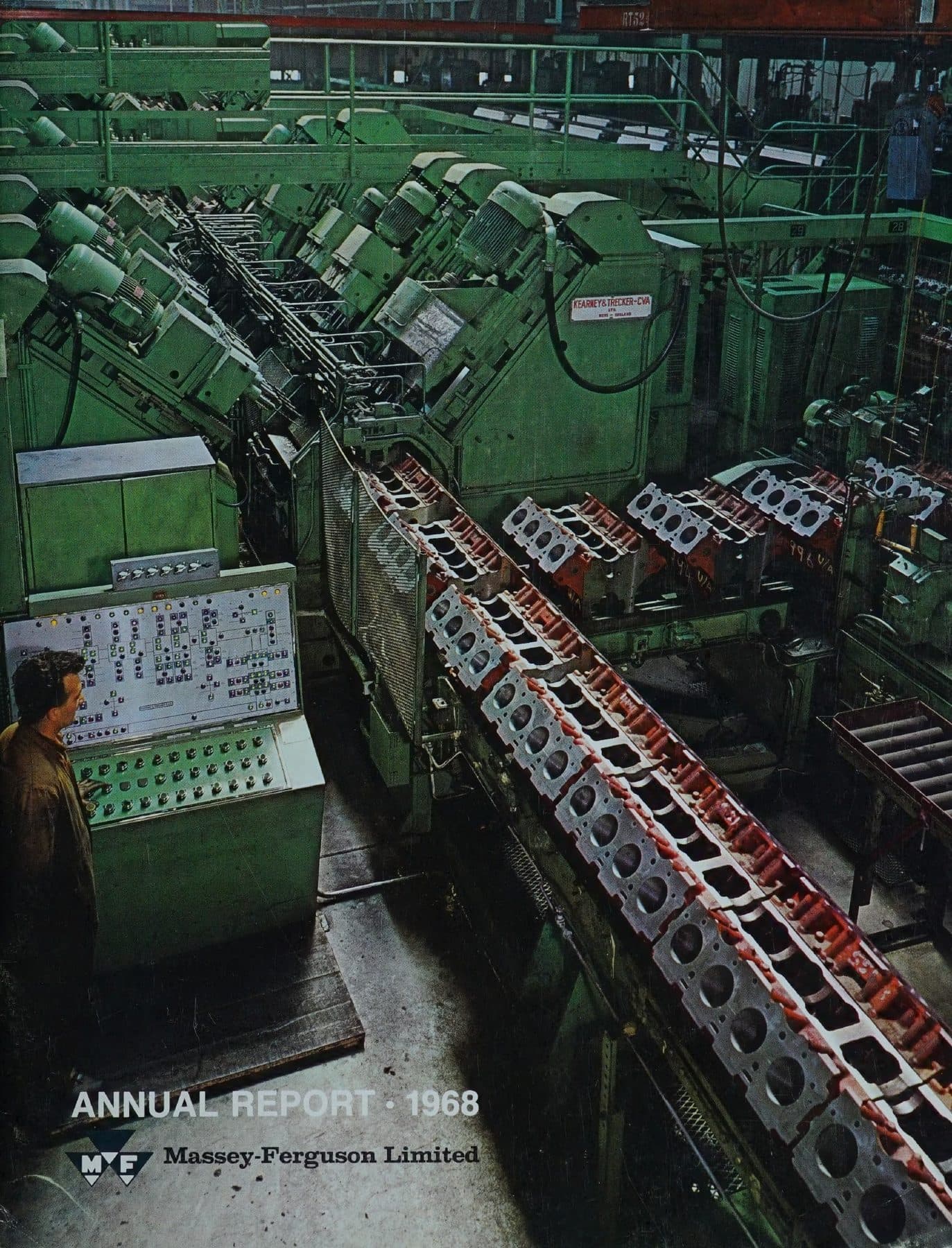Engine-block line, workers on the factory floor.