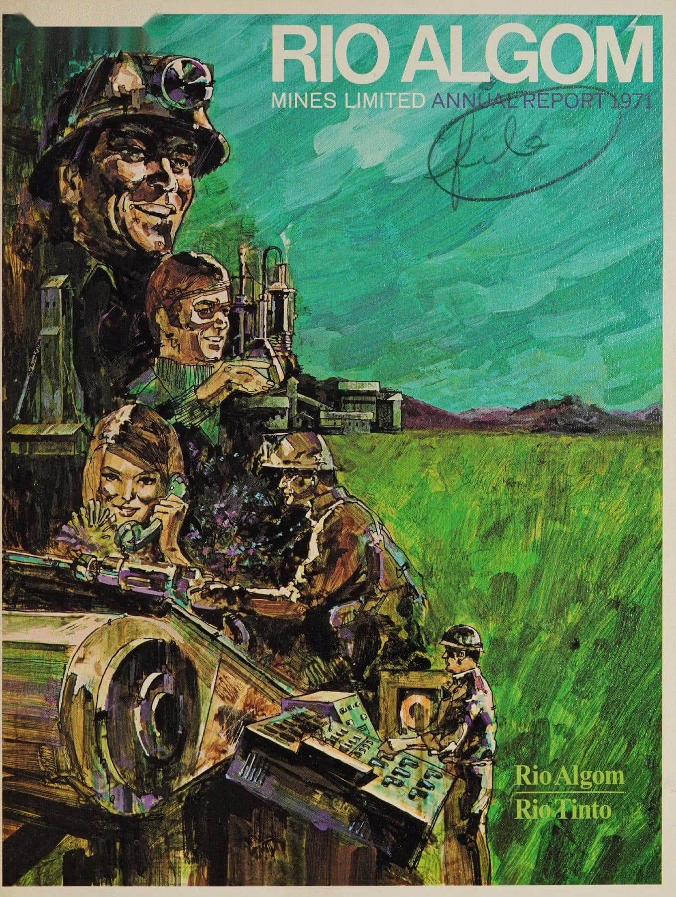 Miners and mill painted into a green Shield landscape.