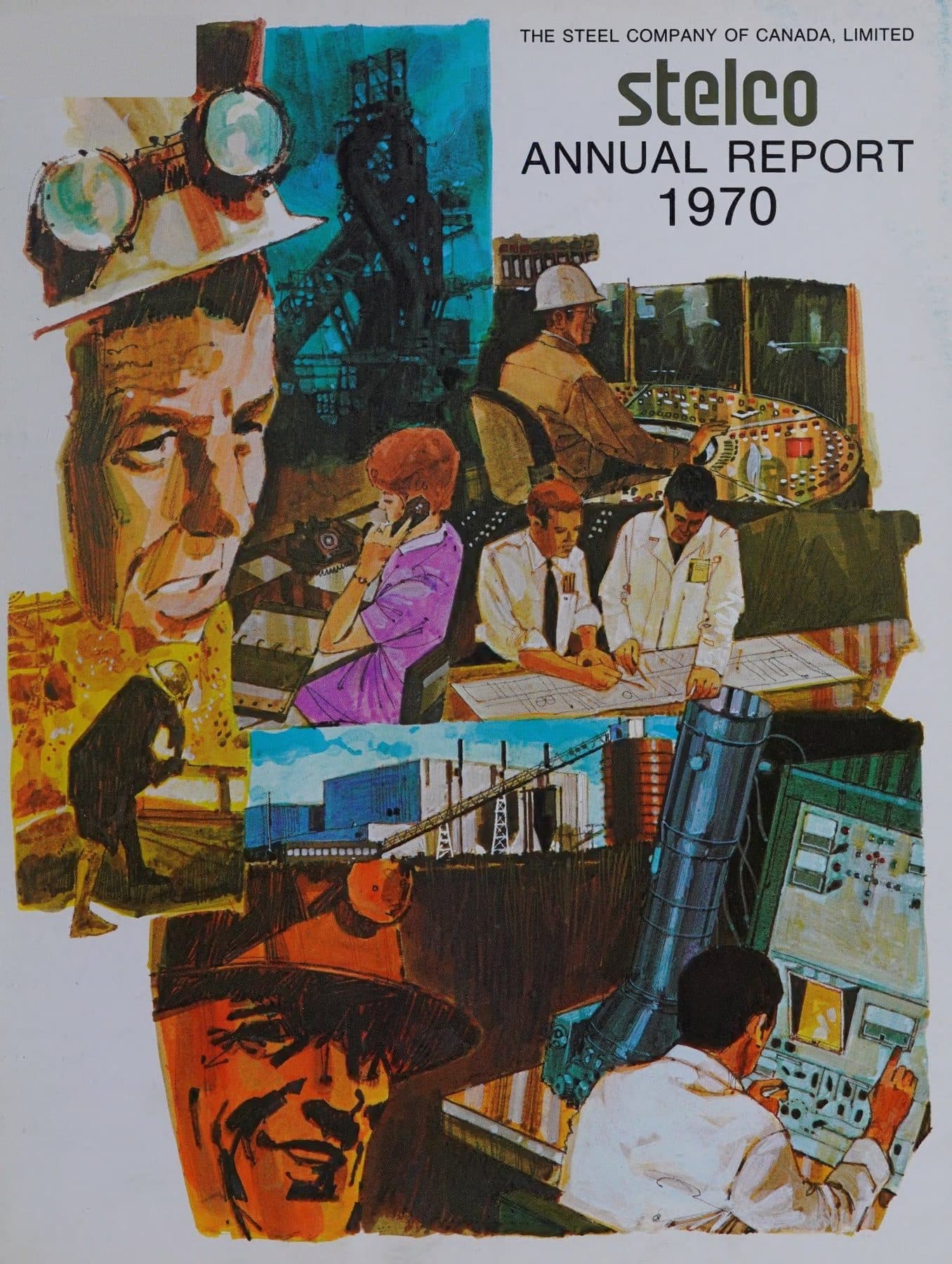 Steelworkers, mill interiors and molten metal, drawn as a poster.