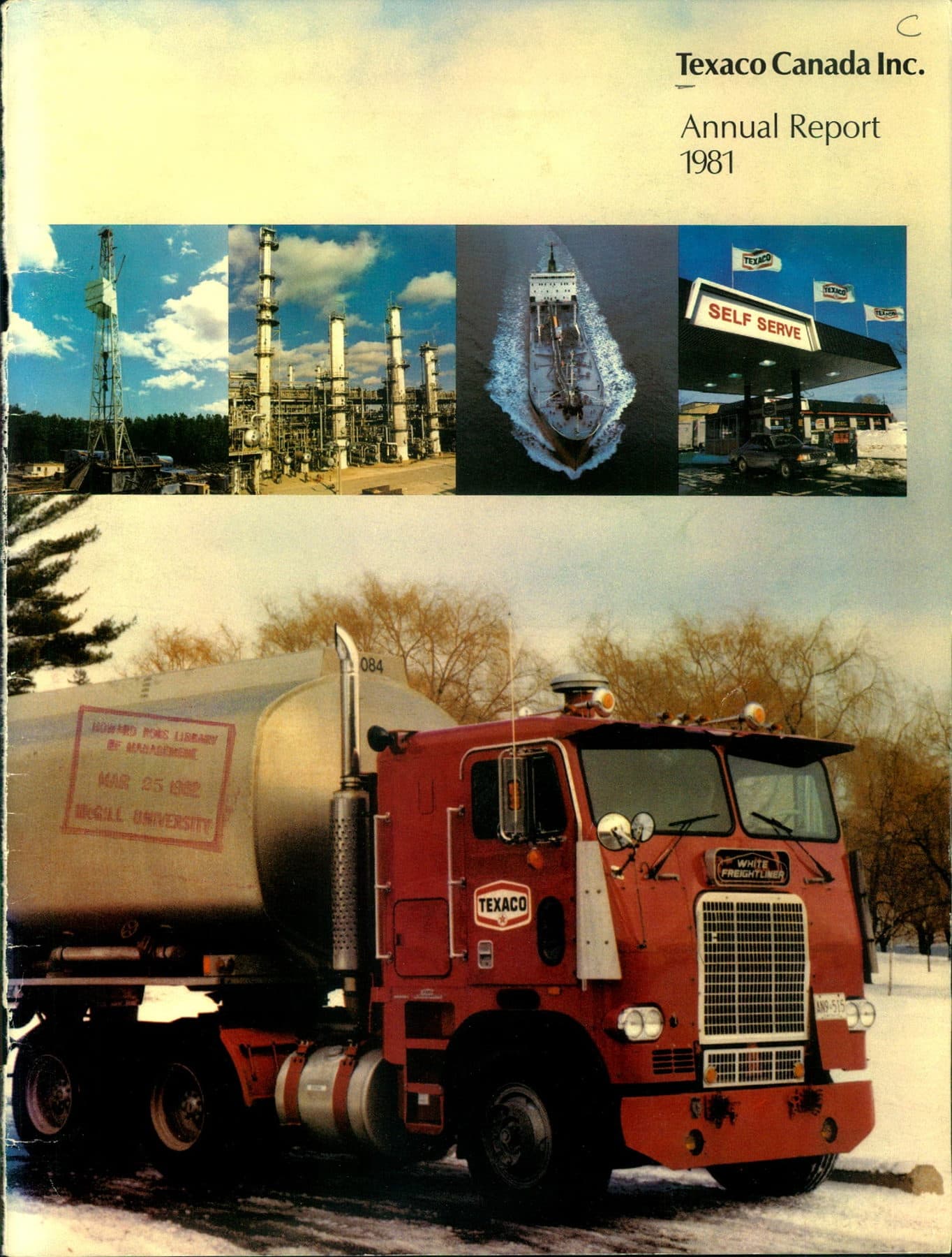Cover grid: a bush drill rig, a refinery, an aerial tanker, a self-serve station, and a red Texaco Freightliner tanker truck in snow.