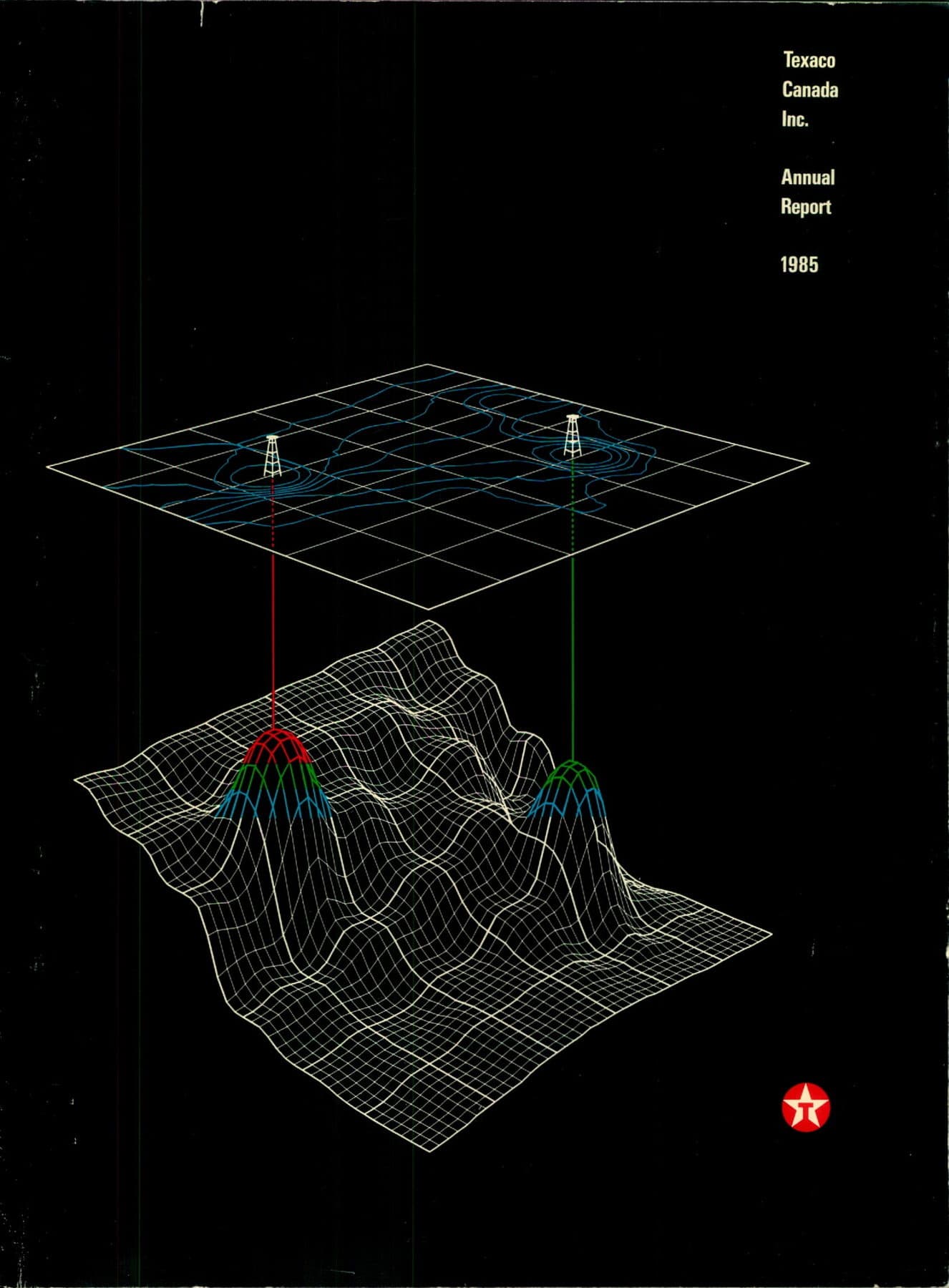 A 3-D wireframe of subsurface geology, two derrick icons linked down to highlighted peaks, on black.