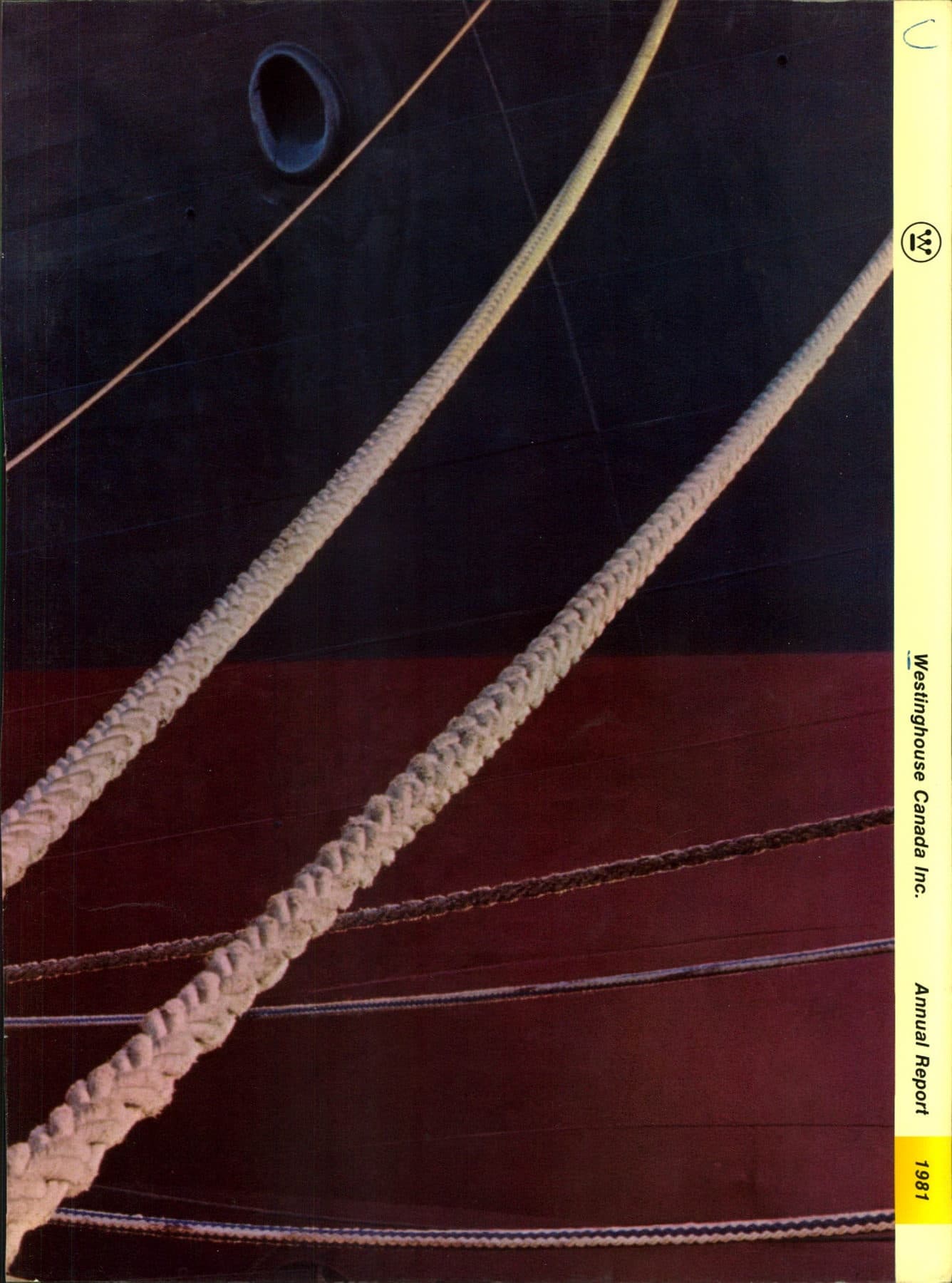 Thick off-white hawsers crossing a dark-blue and maroon ship's hull; a yellow 1981 Annual Report strip at the right.
